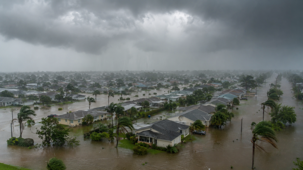 Aerial view of a residential neighborhood in Port St. Lucie, Florida, showing flooded streets and yards filled with brown floodwater. Single-story homes are surrounded by water while palm trees bend in strong winds beneath dark storm clouds and heavy rainfall.