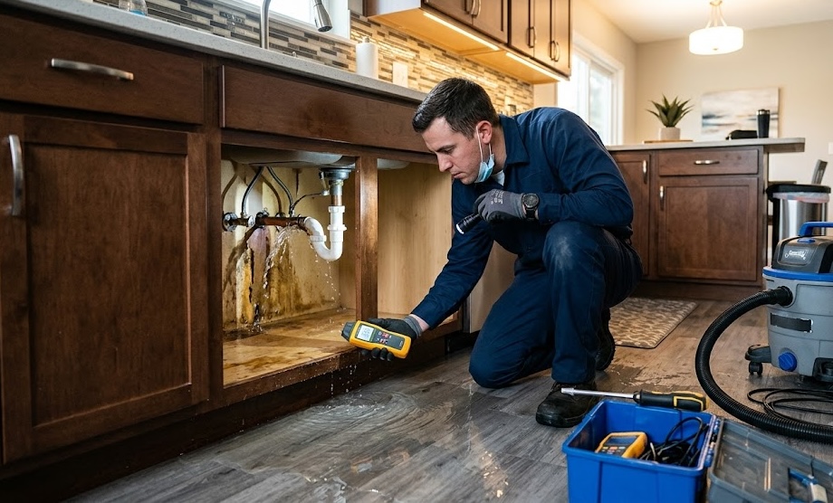 A water damage restoration technician in a blue uniform uses a moisture meter to inspect a leaking pipe under a kitchen sink. The kitchen floor is covered in standing water, and an industrial wet-vac sits nearby.